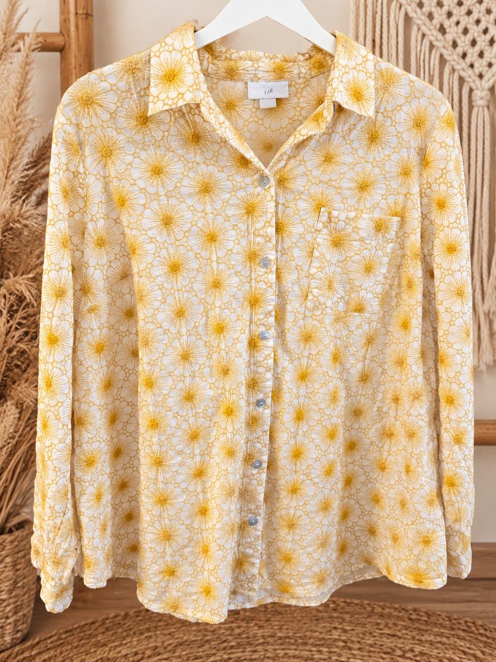 J.Jill Women’s Small Floral Embroidered Blouse Cream Yellow Long Sleeve